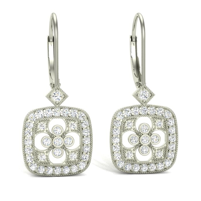 14K WHITE GOLD CUSHION SHAPED FLOWER DESIGN DIAMOND DROP EARRINGS